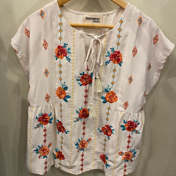 Savanna Jane Tops - Embroidered Top w/Split Neckline